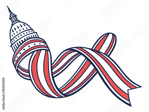 Vector illustration of United States Capitol dome with flowing patriotic ribbon in red white and blue, graphic design, abstract view, culture and architecture concept