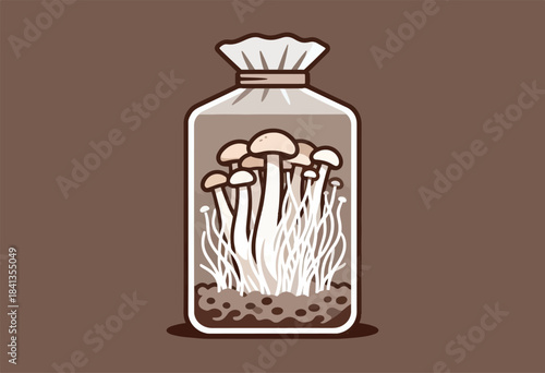 Fresh mushrooms growing in a sealed pouch