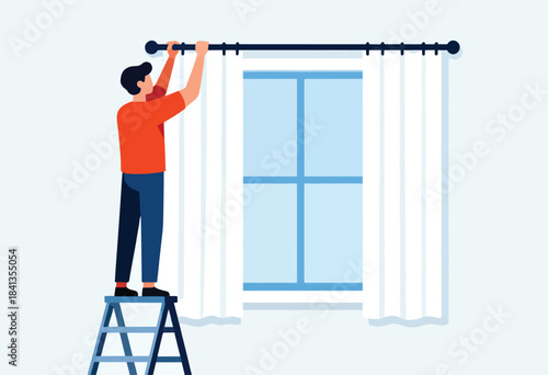Person on ladder hangs curtain rod over window with light blue panes