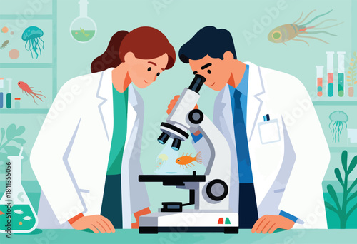 Scientists in lab coats examine marine life under a microscope in a bright, modern laboratory setting