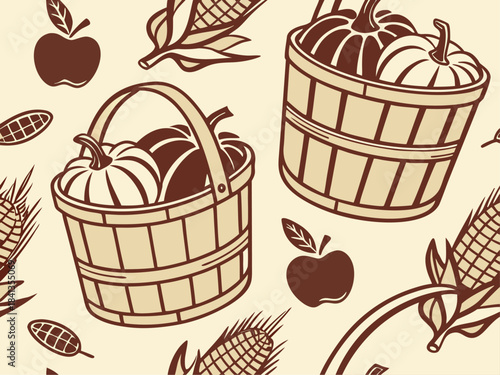Harvesting Autumn Baskets with Pumpkins and Corn Vector Illustration, Rustic Food Pattern, Seamless Design, Farm Harvest Concept, Top View