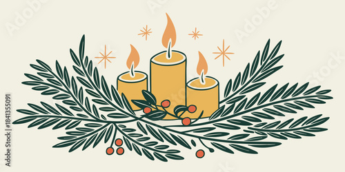 Festive candles and holly vector illustration, cozy holiday centerpiece, seasonal decor, natural greenery, flat design, winter celebration, top view
