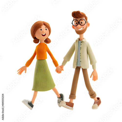 Animated Couple's Stroll: A charming pair of animated figures embark on a cheerful walk, hand in hand, embodying companionship and simple joys.