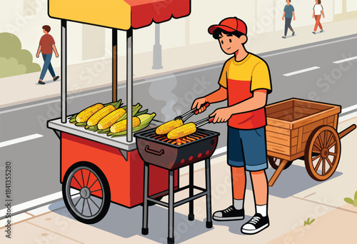 Vendor grills corn on a cart by the street; customers walk by