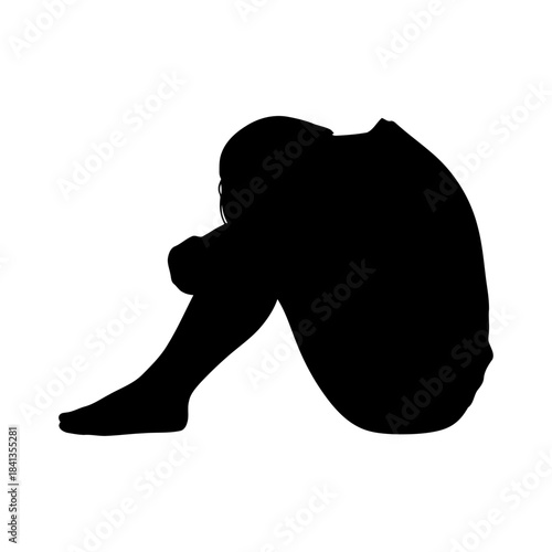 Depressed exhausted person sitting alone, burnout stress silhouette on white background