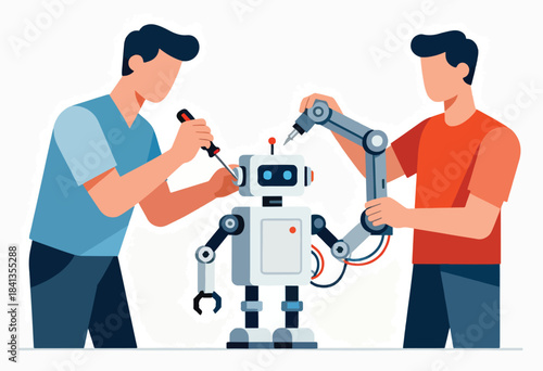 Two people assemble a white robot with blue eyes and a robotic arm