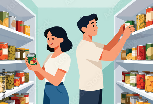 Couple selecting canned goods from a well-stocked pantry with shelves full of food