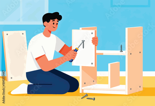 Person kneeling, assembling furniture with a screwdriver and screws