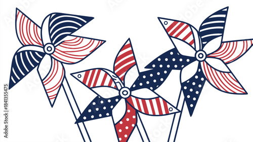 Vector illustration of patriotic pinwheels spinning in a vibrant outdoor garden environment, colorful design, close-up viewpoint, festive and decorative concept