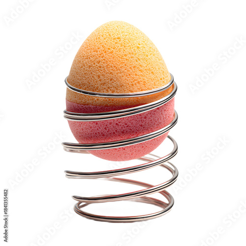 A vibrant abstract composition features a whimsical egg-shaped form encased in a metallic spiral. A playful, modern design.