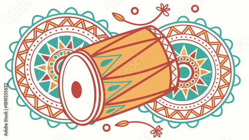Traditional Indian Dhol Drum Vector Illustration, Cultural Instrument, Ornate Design, Decorative Background, Artistic Graphic, Flat Vector Art