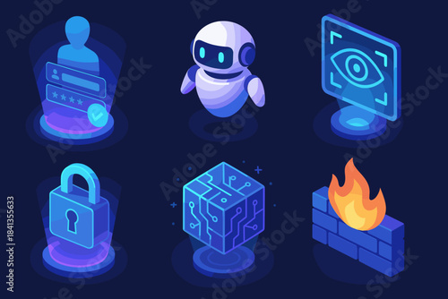 Cybersecurity icons featuring ai robot, biometric scan, padlock, firewall, and blockchain