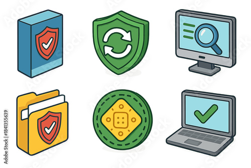 Cybersecurity icons: shield, sync, folder, blockchain, computer, laptop with check mark
