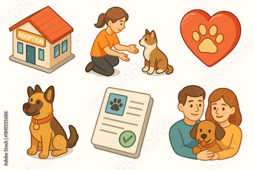 Pet adoption concepts with diverse characters and heartwarming illustrations