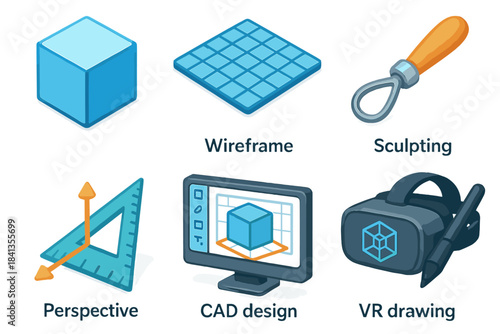 Six diverse design tools: wireframe, sculpting, perspective, cad, vr, cube display