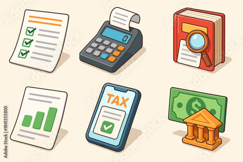 Colorful icons of accounting tools: calculator, tax mobile app, checklist, money, and book