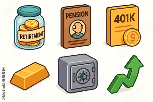Financial icons set: retirement, pension, 401k, gold bar, safe, and growth arrow