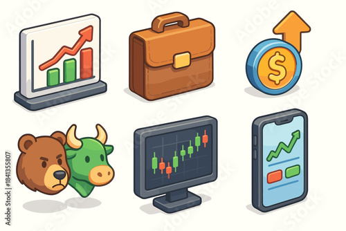 Financial growth icons: charts, bull and bear, currency, technology