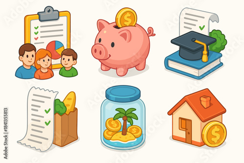 Financial planning icons: piggy bank, family, shopping, education, home, savings