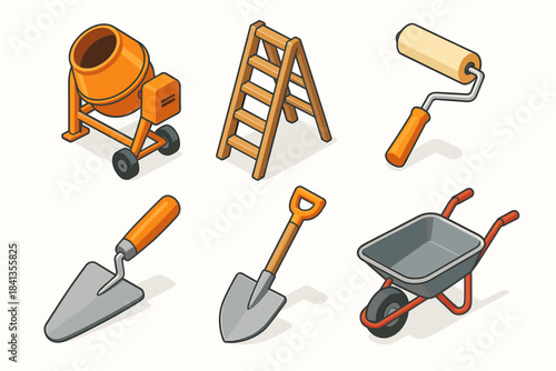 Set of construction tools including concrete mixer, ladder, trowel, shovel, roller, wheelbarrow
