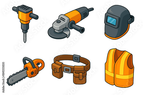 Construction tools set with chainsaw, welding mask, and safety vest