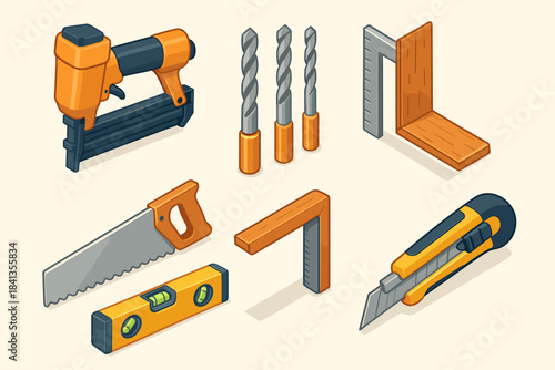 Hand tools set with saw, drill bits, square, nail gun, level, utility knife illustration