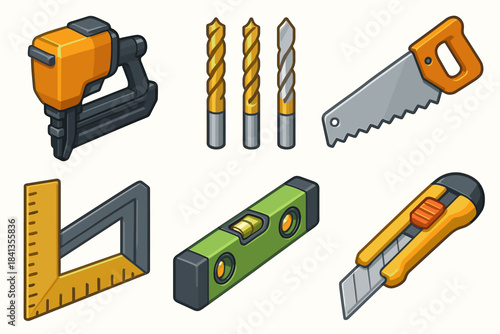 Cartoon construction tools set: nail gun, drill bits, handsaw, triangle ruler, level, utility knife