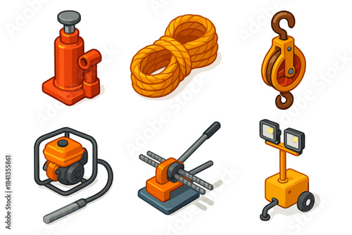 Set of isometric construction tools including jack, rope, pulley, generator, rebar bender, lights