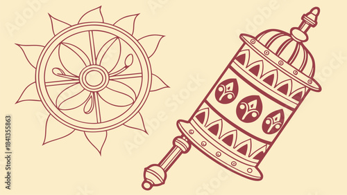 Vector illustration of traditional Tibetan prayer wheel and Dharma wheel symbols, cultural religious icons, isolated design with clean lines and beige background
