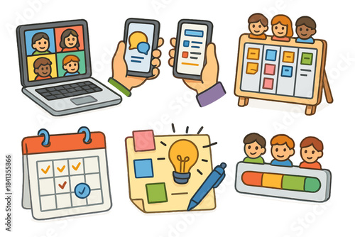 Cartoon team collaboration tools with diverse characters and digital devices
