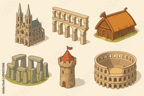 Illustrated historical architecture collection featuring famous landmarks
