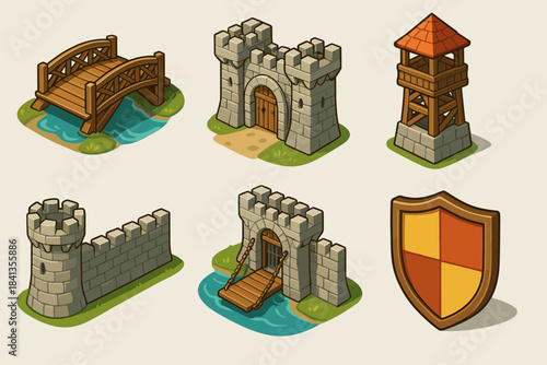 Medieval structures and shield collection - bridge, gate, watchtower, castle wall
