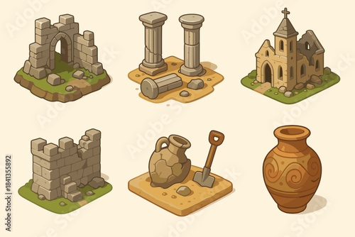Ancient ruins and artifacts: arches, columns, church, walls, pottery