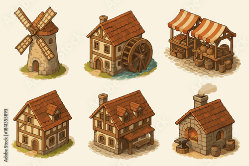 Charming medieval village structures with windmill, houses, market stand, and kiln
