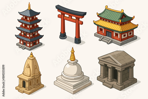 Collection of iconic architectural structures from various cultural traditions