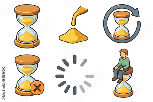 Set of hourglass icons with sand timer and loading symbols