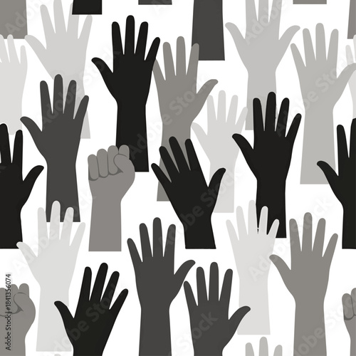 Isolated a kinds of different many raised hands silhouettes in seamless pattern - voting, protest, volunteering, school vector art with white background.
