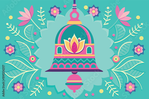 Vector illustration of decorative bell with floral patterns, ornate design, vibrant colors, centered view, festive and artistic graphic element