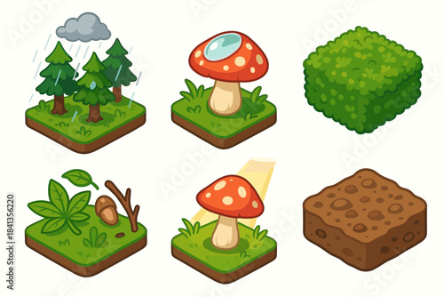 Collection of isometric forest elements with rain, trees, mushroom, and soil block