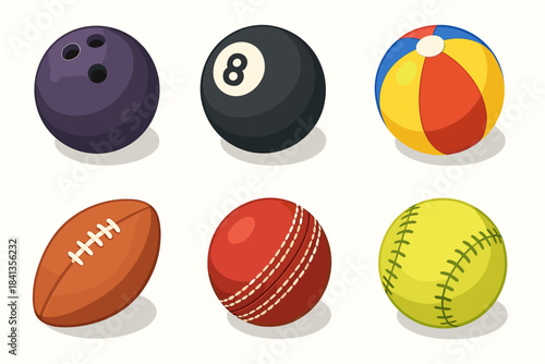 Colorful array of sports balls: bowling, billiard, beach, american football, cricket, softball