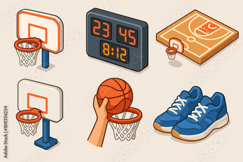 Basketball equipment collection: hoops, ball, scoreboard, court, shoes