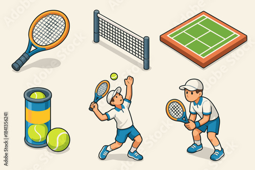 Animated tennis equipment and players in action on a court