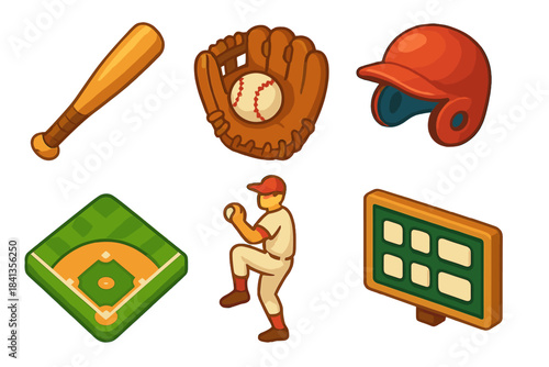 Baseball equipment and player: bat, glove, helmet, field, scoreboard