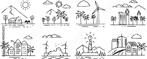 Suggested SEO Title: Hand Drawn Icons Set of Sustainable Living, Renewable Energy, Nature, and City Ecology Illustrations