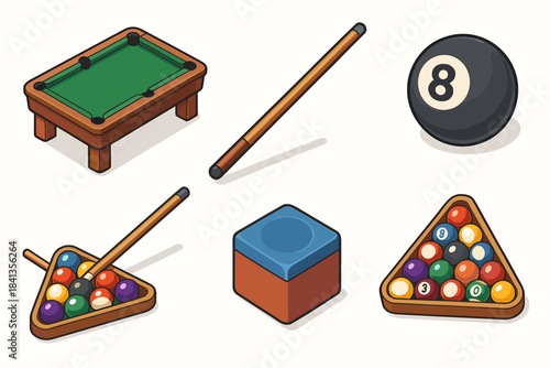 Colorful billiards set with pool table, cue sticks, balls, triangle rack, and chalk cube