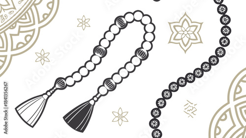 Elegant vector prayer beads with tassels and ornate Islamic geometric patterns, isolated on white background, minimalist cultural design, top view