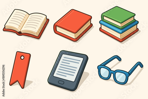 Set of reading essentials: books, bookmark, e-reader, and glasses