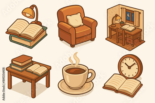 Cozy reading corner with books, coffee, and warm lighting