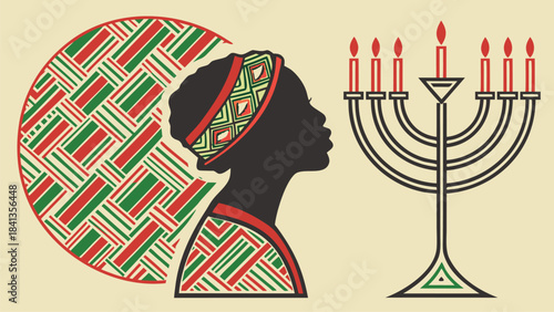 Vector silhouette of African woman with traditional headwrap, colorful pattern background, Hanukkah menorah, cultural graphic art, side view design