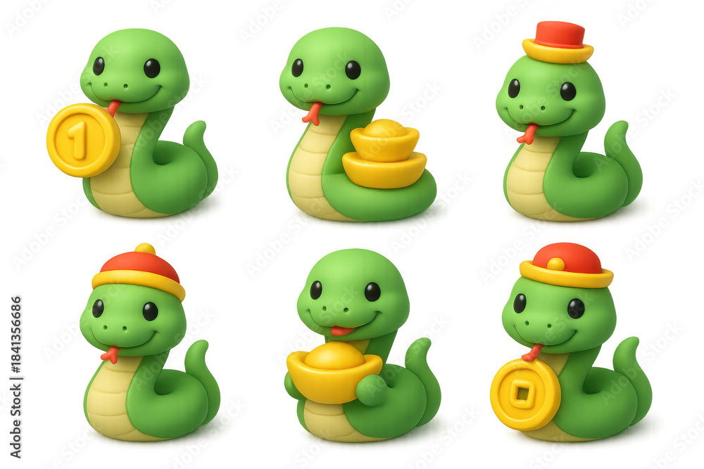 Fototapeta premium Wealthy snake icons set featuring cute cartoon reptiles with coins and gold for design use